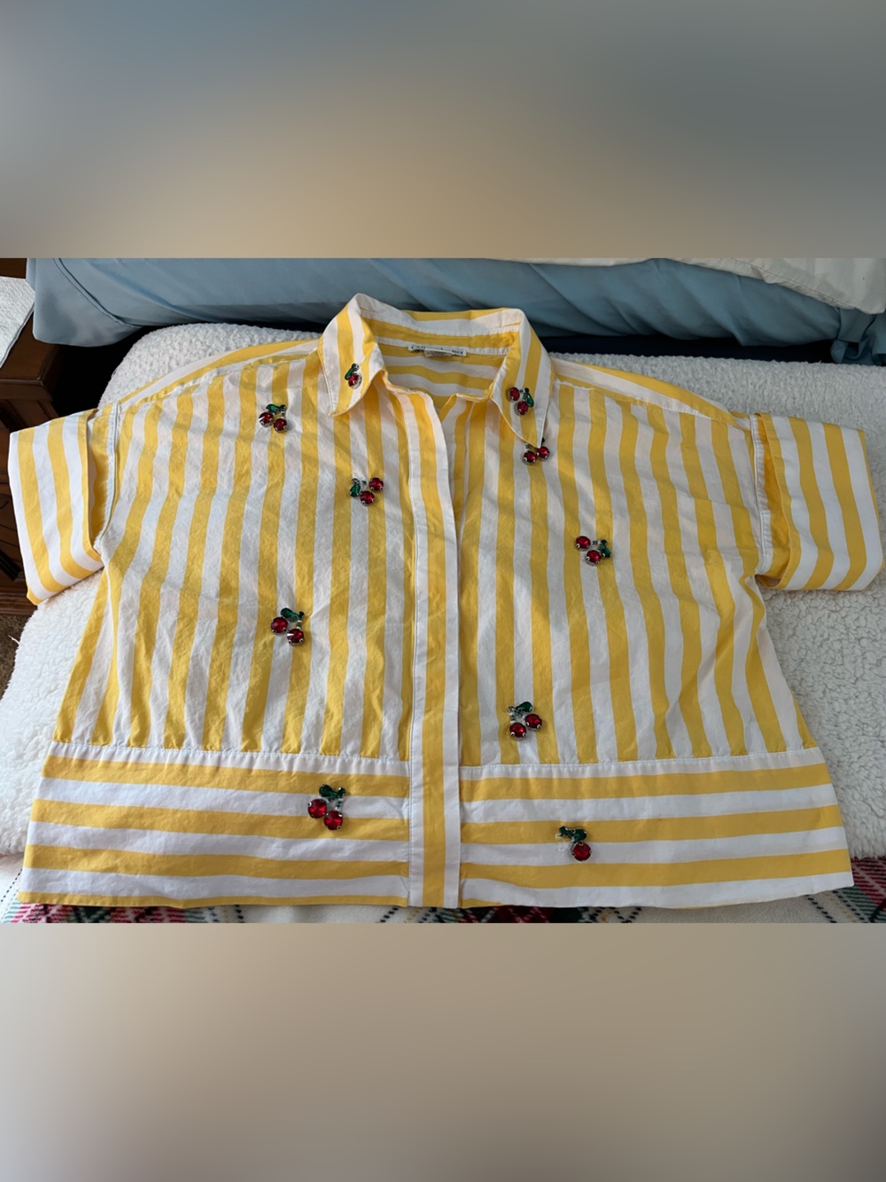 Christian Lacroix Yellow & White Striped Button-Down with Cherry Embellishments - Picture 2 of 9